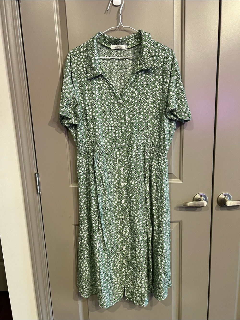 SHIBEVER Sage Green Floral Tie Belt Midi Dress with Collar